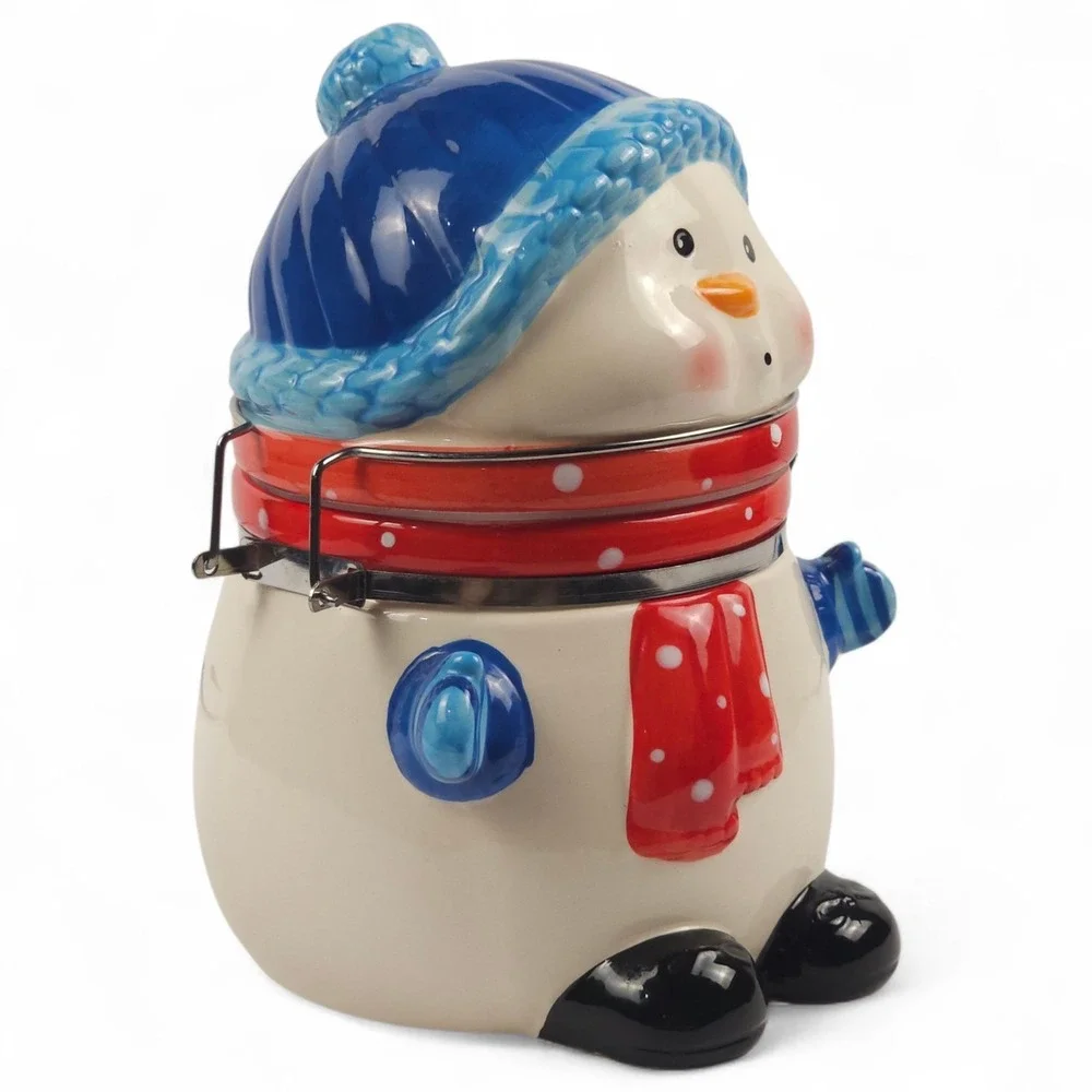 Ceramic Snowman Jar Clamp Lid Canister Christmas Holiday Candy Cookie Container